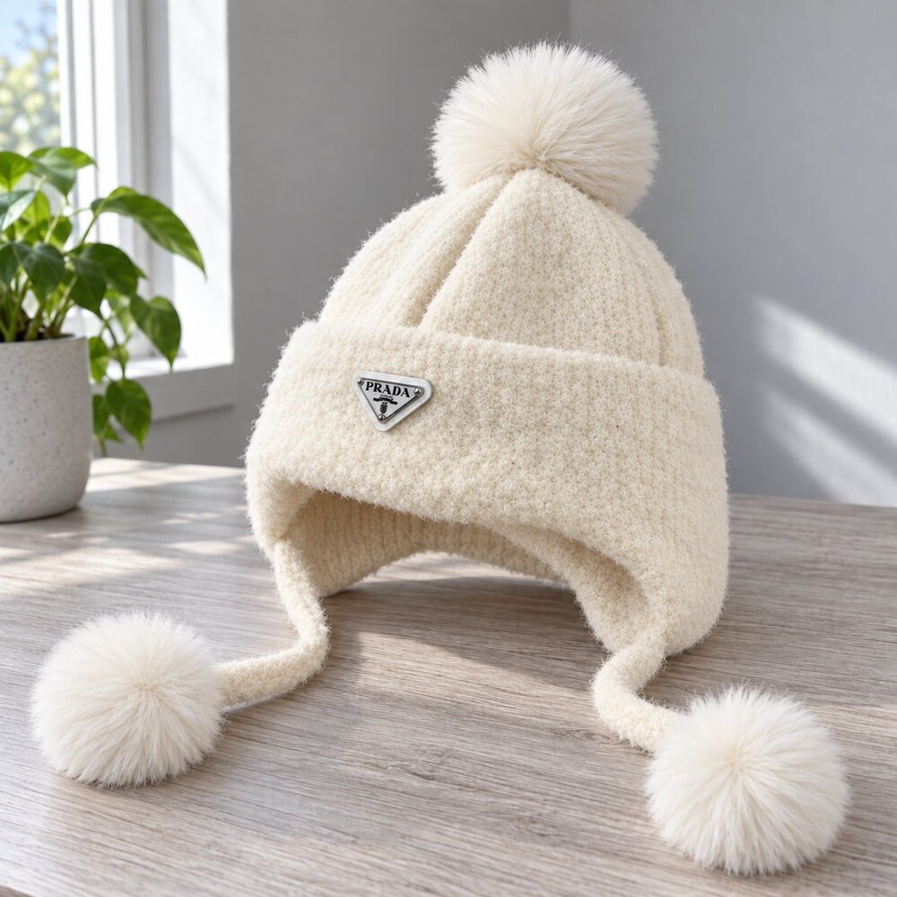Prada Ivory Earflap Hat with Pom-Poms - Picture 4 of 6